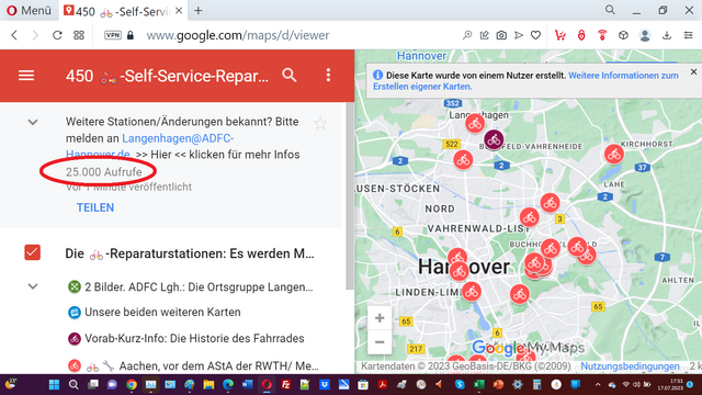 25.000 Klicks gab's auf diese Karte mit (bisher) 450 🚲-Reparaturstationen in Deutschland, und darüber hinaus. | Foto: RS/Google My Maps 