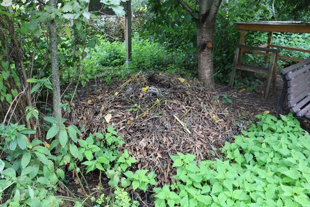 Im Mozartgarten wird kein Kompost mehr weggefahren. Die Äste werden kleingeschnitten und auf viele kleine mehr oder weniger auffällige Haufen verteilt. Die Haufen verrotten – wenn kleingeschnitten – binnen eines Jahres und geben den Pflanzen natürliche Nährstoffe und helfen beim speichern vom Wasser. So muss deutlich weniger Dünger gekauft und viel weniger gegossen werden.