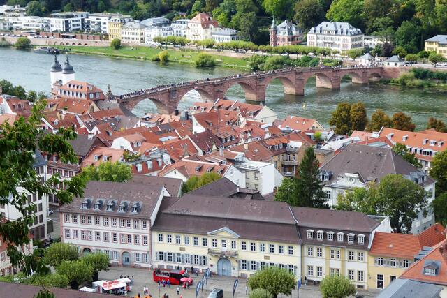 Blick vom Schloss zum Karlsplatz mit dem Germanistischen Seminar und zur 200 Meter langen Alten Brücke (Karl-Theodor-Brücke) über den Neckar nach Neuenheim.