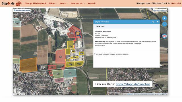 Interaktive Karte mit bekannten und derzeit diskutierten Flächenänderungen im gesamten Stadtgebiet von Neusäß, Stand: Oktober 2023, Link: https://stopn.de/flaechen  | Foto: In Webseite stopn.de integrierte BayernAtlas Darstellung, Daten erstellt von D. Kuhlmann, BUND Naturschutz OG Neusäß / Aystetten, Oktober 2023