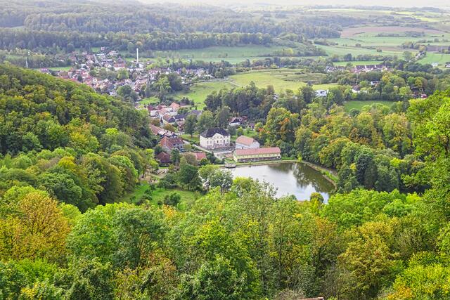 Blick von der Burgruine auf Neustadt  mit Gondelteich
