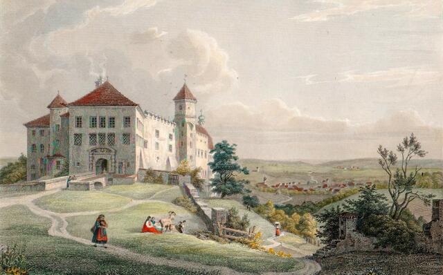 Ortenburg - in der Mitte unten ist die evangelische Marktkirche mit Zwiebelturm sichtbar. Gez. v. Seeberger, gest. v. J. Poppel.