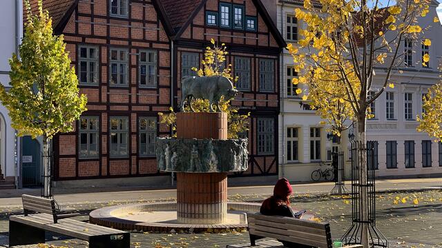 Auf dem Schlachtermarkt hinter dem Rathaus befindet sich der Brunnen "Von Herrn Pasturn sien Kauh", eine Arbeit des Berliner Bildhauers Stephan Horota. Foto: Helmut Kuzina