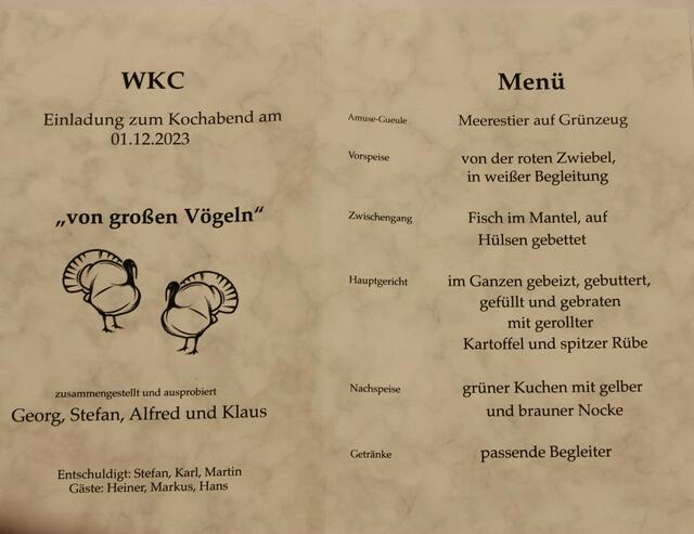 Die Menükarte des letzten Kochabends des Männerkochclubs Wertingen im Rahem der VHS  in der Mittelschulküche Wertingen.