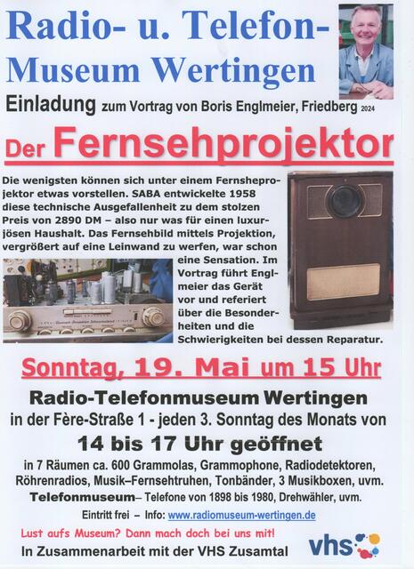 Das Plakat für den Vortrag am Sonntag, 19. Mai 2024 um 16 Uhr im Radio- und Telefonmuseum Wertingen, Feré-Straße 1.