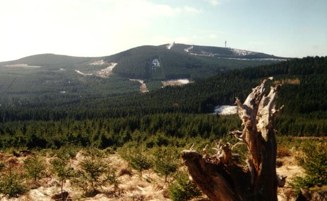 Kurz nach der Wende habe ich dieses Foto im Jahr 1990 aufgenommen. Am Fuß des Großen und des Kleinen Winterberges (linke Bildhälfte) ist die Vorgrenze erkennbar. Oben vorm Wurmberg und direkt unter seiner Kuppe die Hauptgrenze. Links die Sprungschanze, rechts der Natoturm, der von den Amerikanern betrieben wurde. 