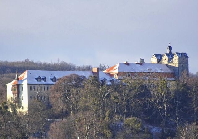 Blick vom Ballenstedter Blick auf das Schloss Ballenstedt, rechts das Westportal des einstigen Klosters