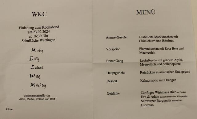 Das war das Menü des Kochabends am 23. Februar 2024 des Männerkochclubs Wertingen.