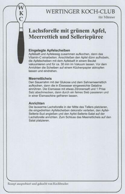 Das Rezept von der Lachsforelle mit grünem Apfel und Selleriepüree dazu Meerretticheis Blatt 3. 