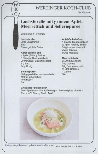 Das Rezept von der Lachsforelle mit grünem Apfel und Selleriepüree dazu Meerretticheis Blatt 2. 
