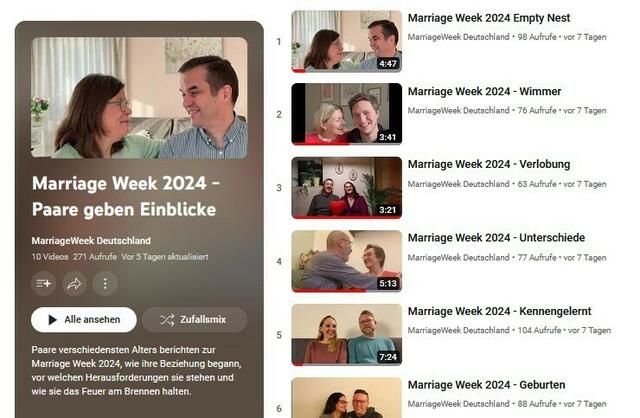 In der MarriageWeek 2024 gab es nicht nur Präsenzveranstaltungen, sondern auch wieder MarriageWeek-Video-Clips, die man sich gemütlich zu Hause auf dem Sofa anschauen kann. Für die diesjährige MarriageWeek haben acht Ehepaare vor laufender Kamera aus ihrem Eheleben erzählt. Dabei sind ganz unterschiedliche Video-Clips entstanden, die über YouTube weiterhin zugänglich sind. | Foto: - -