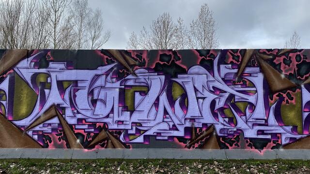 Die bunten Schriftzüge präsentieren kunstvoll ausgearbeitete Buchstaben oder Buchstabengruppen. („Graffiti Hall“ am Platten Kamp.) Foto: Helmut Kuzina  