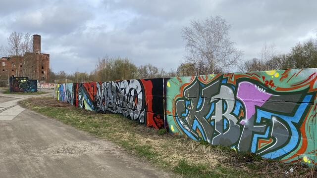 Von der ehemaligen Malzfabrik „Wismaria“ (links) sind die vielen Graffiti zu erkennen. Foto: Helmut Kuzina
