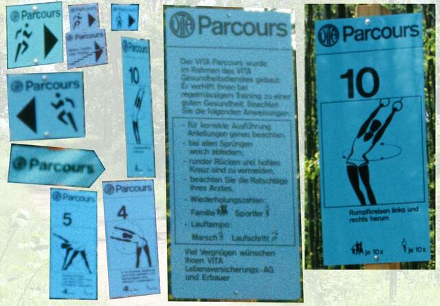 Schweizer Schilder aus den Aufnahmen von Ernst Klöti im Jahr 1972-1973 (siehe https://commons.wikimedia.org/wiki/Category:Vitaparcours_in_Switzerland?uselang=de)