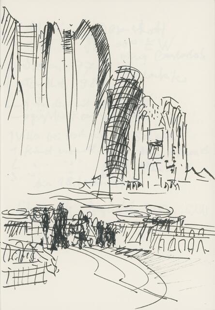 Strichzeichnung einer Gruppe von modernen Hochhäusern in Dubai | Foto: Scan: Museum Ober-schönenfeld