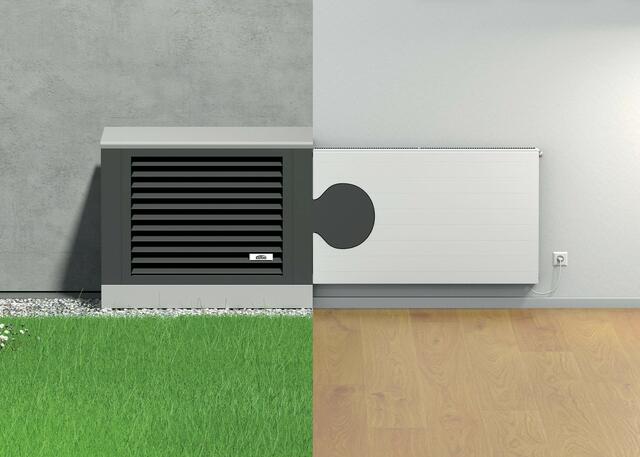 Passt perfekt – wie zwei Teile eines Puzzles: Statt einer Fußbodenheizung kann auch der x-flair Wärmepumpenheizkörper ideal mit einem modernen Niedertemperatur-Wärmeerzeuger wie der x-change dynamic pro Wärmepumpe kombiniert werden. Er sorgt auch bei niedrigen Vorlauftemperaturen für Behaglichkeit in den Räumen und lässt sich einfach nachrüsten. Zudem ist x-flair – wie auch die dynamic pro – zum Heizen und zum Kühlen geeignet.  | Foto: Kermi GmbH/akz-o