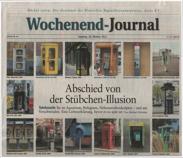 Die Gute alte Telefonzelle - jedes Land hatte da seine eigene Bauart. Hier ein bericht darüber in der Augsburger Zeitung vom 22. Oktober 2011.