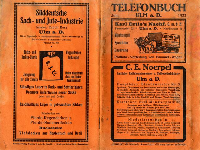 Eine Rarität - ein Telefonbuch aus Ulm aus dem Jahre 1923. Ein Zeitdokument durch die interessanten Anzeigen mit denen dort auch Werbung genmacht wurde.
