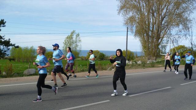 Hinter dem Grünstreifen: Der Issyk-Kul-See. Er ist der größte See Kirgisistans und der zweithöchste Bergsee der Welt.  
