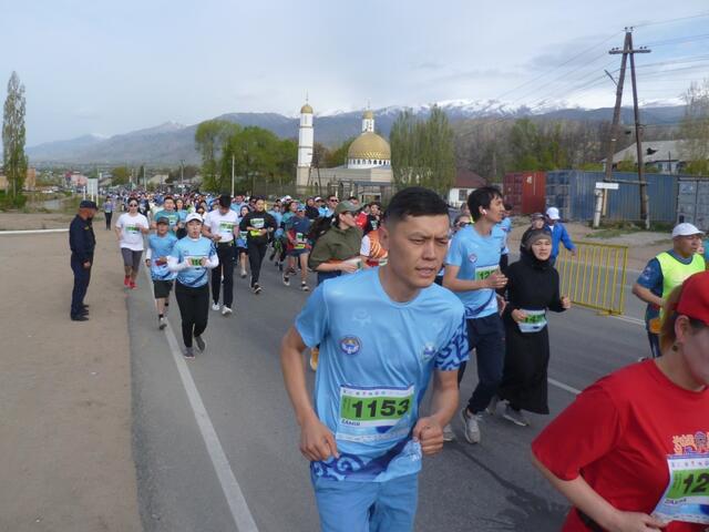 Eine herrliche Kulisse. Rechts: Schneebedeckte Berge. Links neben der Straße liegt in einiger Entfernung der Issyk-Kul-See.  
