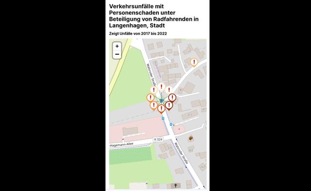 Bild 2 von 7: Jahrelang tolerierte die Stadt Langenhagen, dass schlafmützige Autofahrer den Radfahrenden die Vorfahrt nahmen, sie anfuhren - und verletzten. Das Bild zeigt die Unfalldaten der Polizei Langenhagen, wie sie tabellarisch im öffentlichen Unfallatlas des Statistischen Bundesamtes wiedergegeben sind. Die Visualisierung der Tabellendaten zeigt die Dringlichkeit. Jeder Punkt ein verletzter Radfahrer, dessen Verletzung hervorgerufen wurde durch Person(en) am Steuer von Kfz, die sich nicht an die Regeln halten. DAMIT soll nun Schluss sein! | Foto: DESTATIS/Fahrrad-Unfallkarte, Autoren: T. Schönebaum/R. Spörer