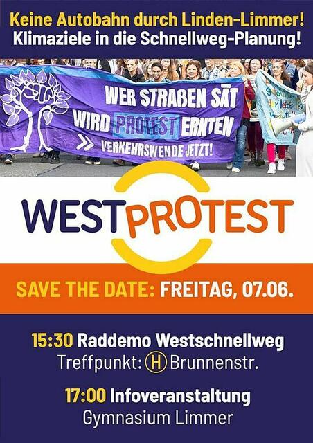 Wer Straßen sät, wird Überschwemmungen und Protest ernten. Raddemo Westschnellweg: Treffpunkt Freitag, 7.6., 14:30 Uhr Rathaus Langenhagen, 15:30 Uhr Haltestelle Brunnenstraße Hannover | Foto: Westprotest