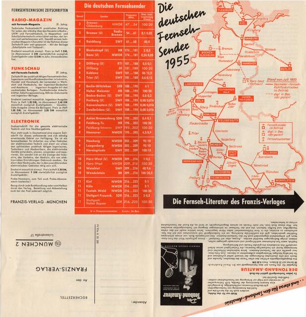 Ein prospekt des Franzis-Verlags München, der die Lage der deutschen Fernsehsender im Jahre 1955 zeigt.