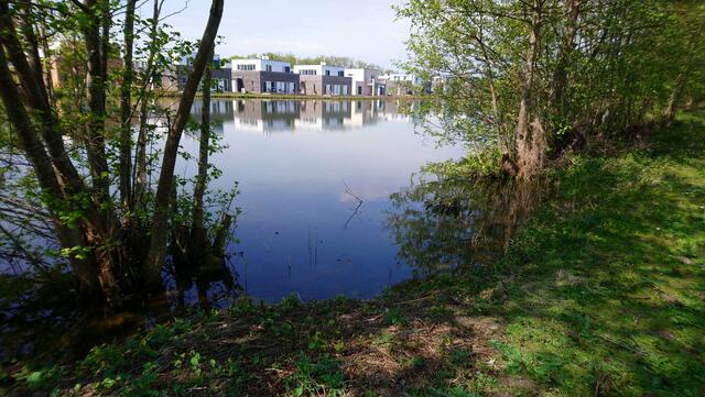 Im Kurpark von Tossens spiegeln sich die modernen Häuser in einem der beiden Teiche. | Foto: Shima Mahi