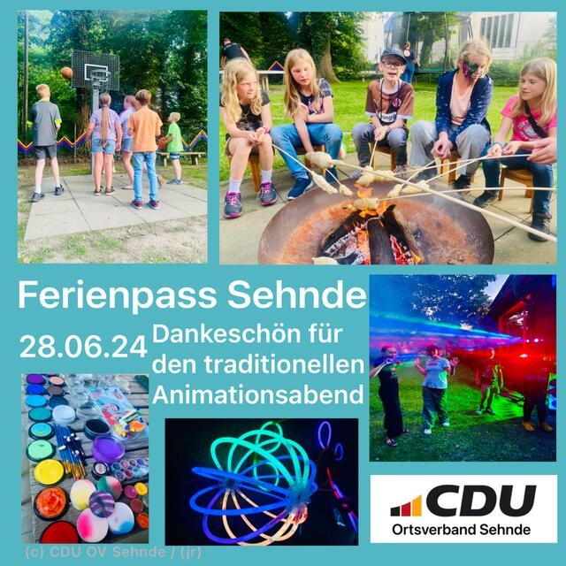 - Ferienpass Sehnde mit dem Ortsverband der CDU - 
Animationsabend / Bonhoeffer Spass mit Stockbrot, Kinderschminken, Spiel, Spass und Disco. Politik / Kommunalpolitik mal anders, Kinder sind unsere Zukunft. Sommerferien und wir sind dabei!

#sehnde #gemeinsamstarkfürsehnde #gemeinsamstarkinsehnde #cdu #jugendanimation #ansprechbar #ferienpass #kijutreff #cduschminkteam #ortsverband #cdusehnde #familienstadt  | Foto: CDU OV Sehnde / (jr)