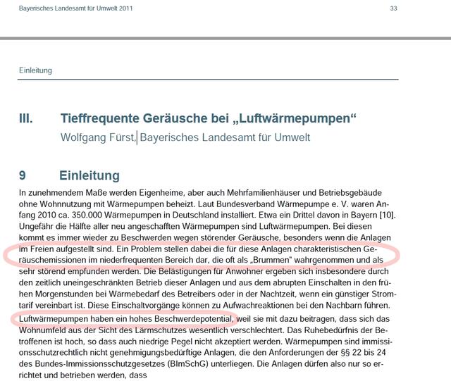 Dieser bereits 2011 veröffentlichte Leitfaden räumt ein, dass Luftwärmepumpen tieffrequente Geräusche (Luftschall innen) erzeugen können, die ein störendes "Brummen" beim Nachbarn hervorrufen; interessant auch der Hinweis auf das hohe Beschwerdepotential  | Foto: Bayerisches Landesamt für Umwelt