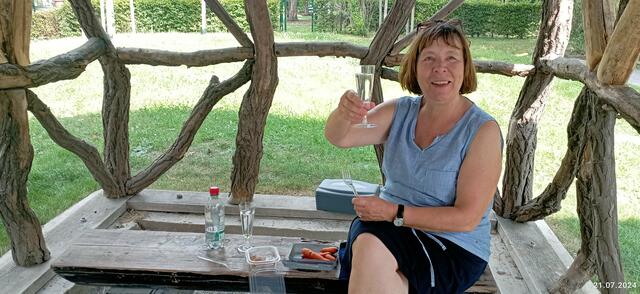 Picknick bei Wasser, frischen Möhren und winzigen Bartklospen/Frigadellen in den Pflaumenbaumlaube