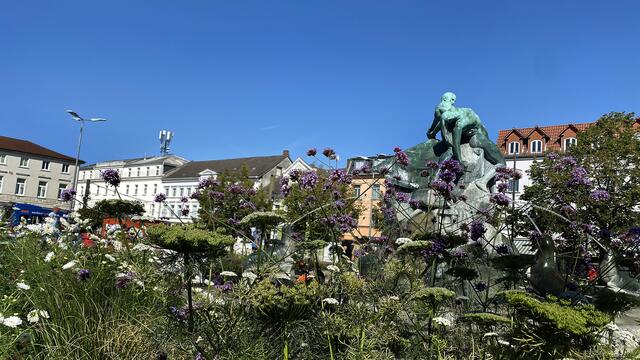 Kinder suchen Abkühlung durch die Fontänen der vier Seehunde am Brunnen „Rettung aus Seenot‟ vor dem Hauptbahnhof. Foto: Helmut Kuzina