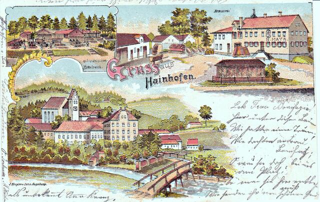 Eine wunderschön kolorierte Ansichtskarte mit dem Brauereigasthof und dem Schwäbischen Himmelreich.