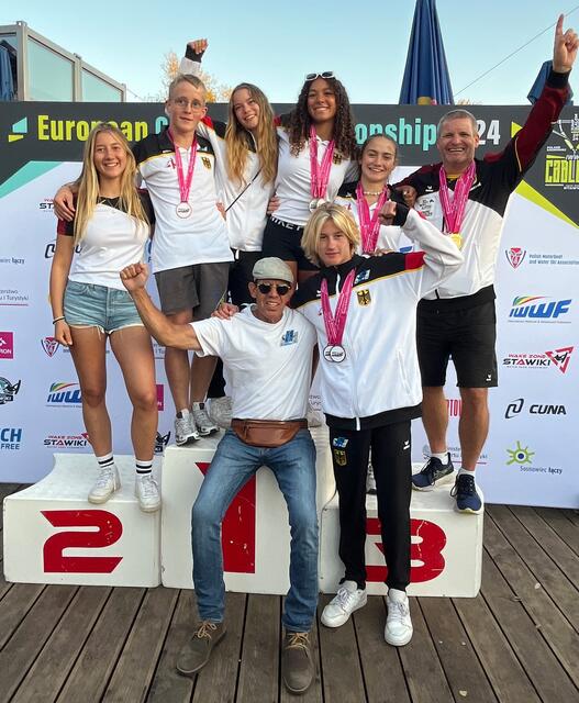 Die EM-Teilnehmer des WSV Friedberg: hinten v.l.n.r. Leni Bauer, Nils Quigley, Lara Müller, Phoenix Baumgardt, Paula Götz, Andreas Hillenbrand. Vorne v.l.n.r. Jürgen Usinger (Teamcaptain Senioren-Mannschaft) und Luis Bauer | Foto: Nicole Hillenbrand