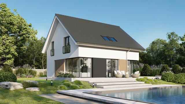 Bauen mit dem "gewissen Extra": Die hohen Terrassenfenster weisen auf den erhöhten Wohnraum hin und bringen viel Tageslicht ins Innere.
 | Foto: DJD/Danwood