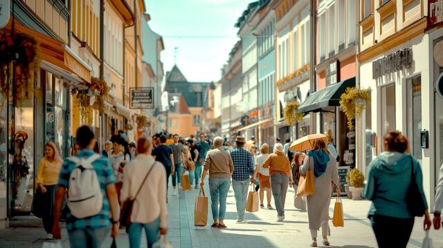 Impressionen aus der Fußgängerzone einer deutschen Stadt: Mit dem Verschenken regional gültiger Gutscheine kann man dazu beitragen, dass die City so lebendig bleibt wie auf dem Bild.
 | Foto: DJD/www.wunschgutschein.de (KI generiert)