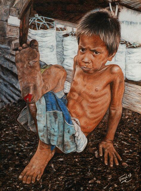 Kinderarbeit 2795  P 4116  Autsch...Ouch, Charcoalboy  from Manila, Ulingan Tondo, Carbon and Color pencil, 30 X 40 cm, Augsburg, 2.9.2017 a (1)