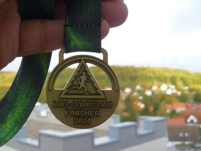 Nach der Laufveranstaltung: Medaillen-Foto vor den Harzer Bergen aus dem Hotelfenster in Hasserode.

