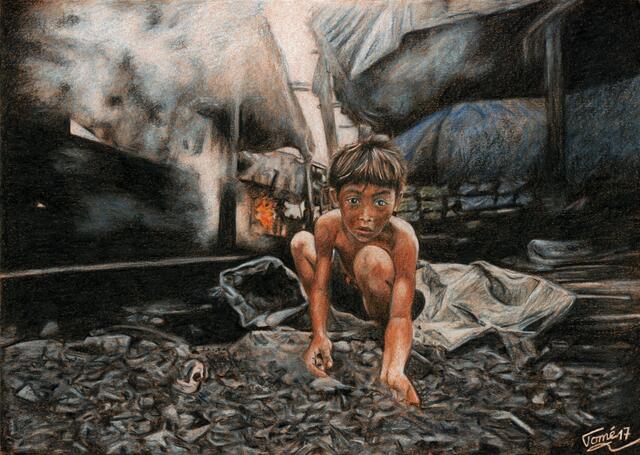 2793  P 4115  Charcoalboy JR from Manila, Ulingan Tondo, Color pencil, 29,7 X 21 cm, Staffelsee, 17.8. und Glis, 25.8.2017 a