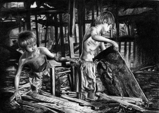 2819  P 4142  Charcoalboys from Manila, Ulingan Tondo, Carbon and color pencil, Gersthofen und Augsburg, 13.9.2017 