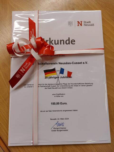 Ehrenurkunde der Stadt Neusäß für unseren Verein