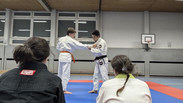 Julian (hinten rechts -Trainer BJJ) zeigt, wie man die Griffkontrolle im Stand erlangt, um weiterführende Techniken durchführen zu können. | Foto: MTV Groß-Buchholz