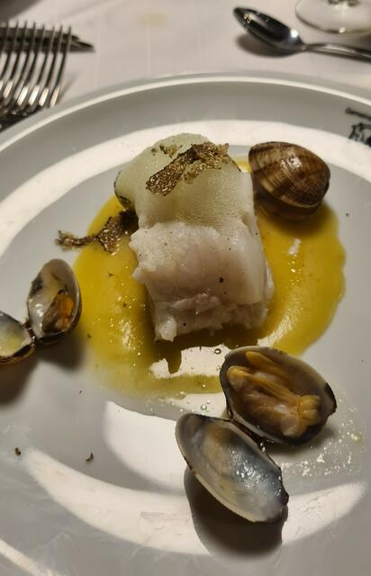 Gang 4 Kabeljau auf getrüffelter Kartoffelcreme, sautierte Venusmuscheln und Petersilie-Schaum in Harmonie mit Frappato DOC 2023 (Tenuta Valle delle Ferle)