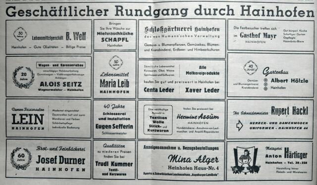 In Hainhofen gab es viele Einkaufsmöglichkeiten und Handwerksbetriebe. Hier nur eine Auswahl, links oben das Lebensmittelgeschäft der Familie Wolf.