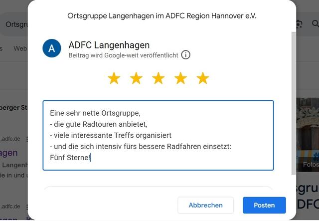 Bewerten:
- mit ein ☆ bis zu fünf ☆☆☆☆ Sternen,
- und - optional - mit ein paar Worten, die Dir am Herzen ❤️ liegen … | Foto: ADFC Langenhagen