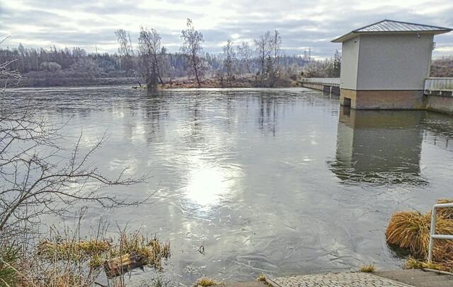 Spiegelung in der teilweise gefroreren Wasseroberfläche der Vorsperre