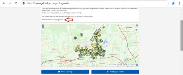 Mach SELBER mit! 
Donnerstag, 6. Februar 2025, 06:14 Uhr: Aktuelles Bild aus dem Mängelmelder der Stadt Langenhagen, mit: "❤️-lichen Dank für Ihr Engagement!"
. | Foto: Mängelmelder Langenhagen / OpenStreetMap / Roter Pfeil: R.S.