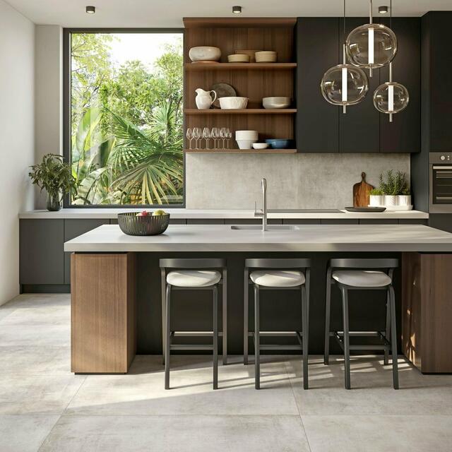 Fliesen im urbanen Estrichlook harmonieren mit modernen Küchen in dunklen Farben oder ausdrucksvollen Hölzern. | Foto: djd/Deutsche-Fliese.de/Engers