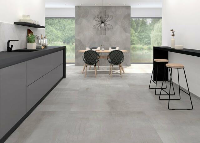 Großformatige Feinsteinzeug-Fliesen im Estrich- oder Betonlook bringen ein modernes, großstädtisches Flair in Küche und den Essbereich. | Foto: djd/Deutsche-Fliese.de/Interbau-Blink