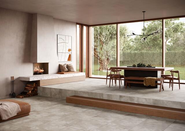 Eine durchgängige Bodengestaltung in angesagter Estrichoptik schafft optische Großzügigkeit in offenen Wohnkonzepten.
 | Foto: DJD/Deutsche-Fliese.de/Agrob Buchtal